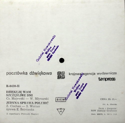 Elżbieta Śnieżanaka - Dziękuję Wam Szczęśliwe Dni, Jedyna Sprawa Polubieć Tonpress ‎– R-0430-II Flexi-disc, 7", 45 RPM, Single Sided, Card Backed, Sound Poscard, Mono