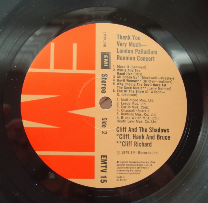 Cliff Richard And The Shadows ‎– Thank You Very Much EMTV 15   Rock Pop  Winyle