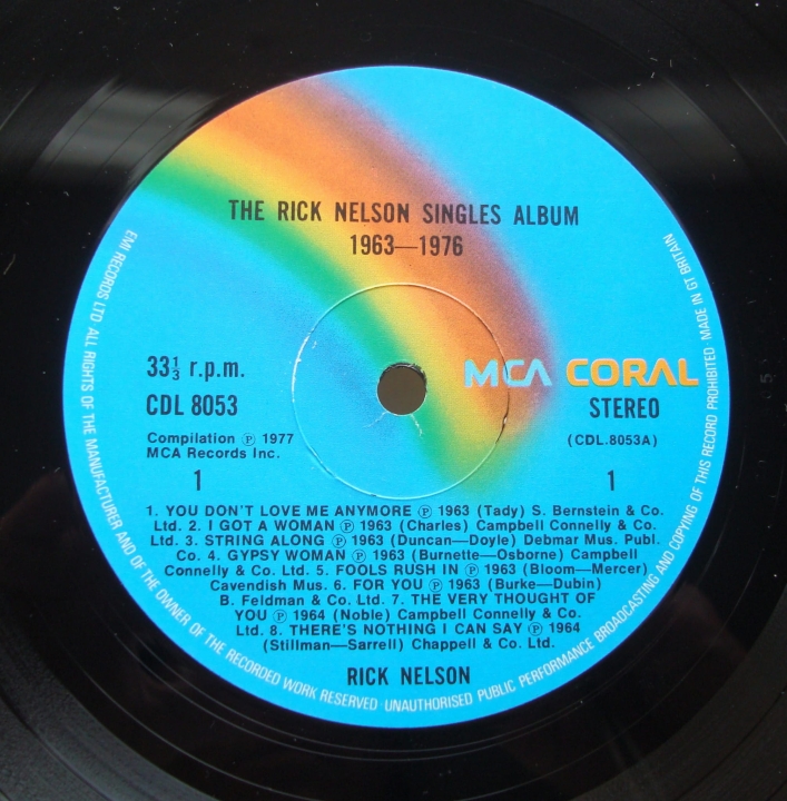 Rick Nelson ‎– Singles Album 1963 - 1976 CDL 8053 Rock & Roll,Folk 