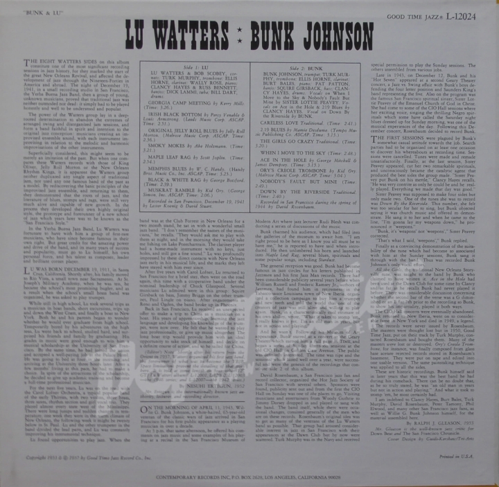 Lu Watters Bunk Johnson Yerba Buena Jazz Band Bunk & Lu GOOD TIMES JAZZ L-12024 Виниловые Пластинки Джаз Dixieland Jazz