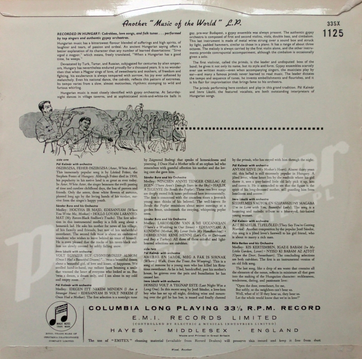The Music Of Hungary 33 SX 1125 Народная, Этно Виниловые Пластинки