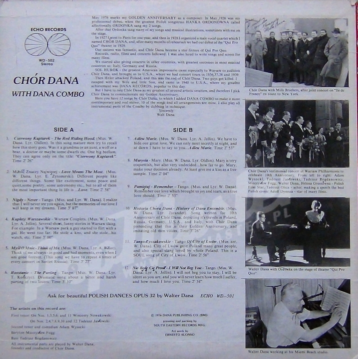 Chór Dana With Dana Combo Mieczysław Fogg Echo Records WD-502 STEREO 1976