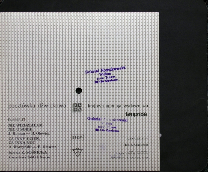 Z. Sośnicka - Nie Wiedziałam Nic O Sobie, Za Inny Dzień Za Inną Noc  Tonpress ‎– R-0550-II  Flexi-disc, 7", 45 RPM, Single Sided, Card Backed, Picture Disc, Mono 