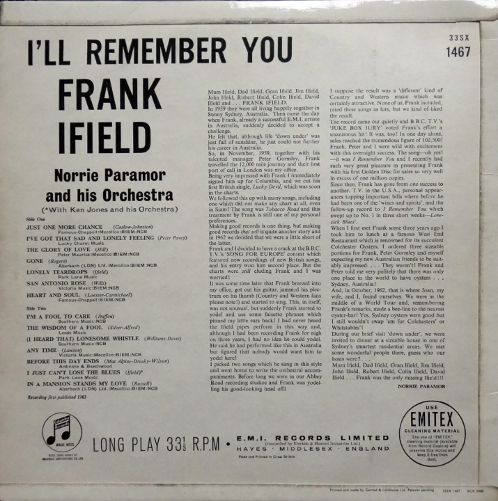 Schallplatten,vinyl-Schallplatten, vinylskivor, د وینیل ریکارډونه, ਵਿਨਾਇਲ ਰਿਕਾਰਡ, سجلات الفينيل, ونائل رڪارڊ, Disques vinyles, Amarekhodi e-vinyl, Catatan vinyl, вінілавыя пласцінкі,レコード, 黑膠唱片, plastinki, FRANK IFIELD I'LL REMEMBER YOU Mono