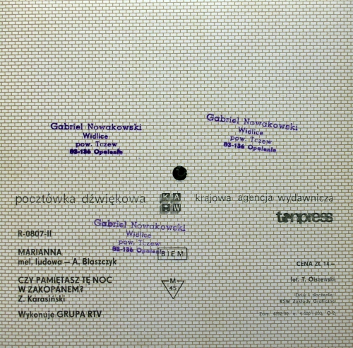 Grupa RTV - Marianna, Czy Pamiętasz Tę Noc W Zakopanem?  Tonpress ‎– R-0807-II  Flexi-disc, 7", 45 RPM, Single Sided, Card Backed, Picture Disc, Mono 
