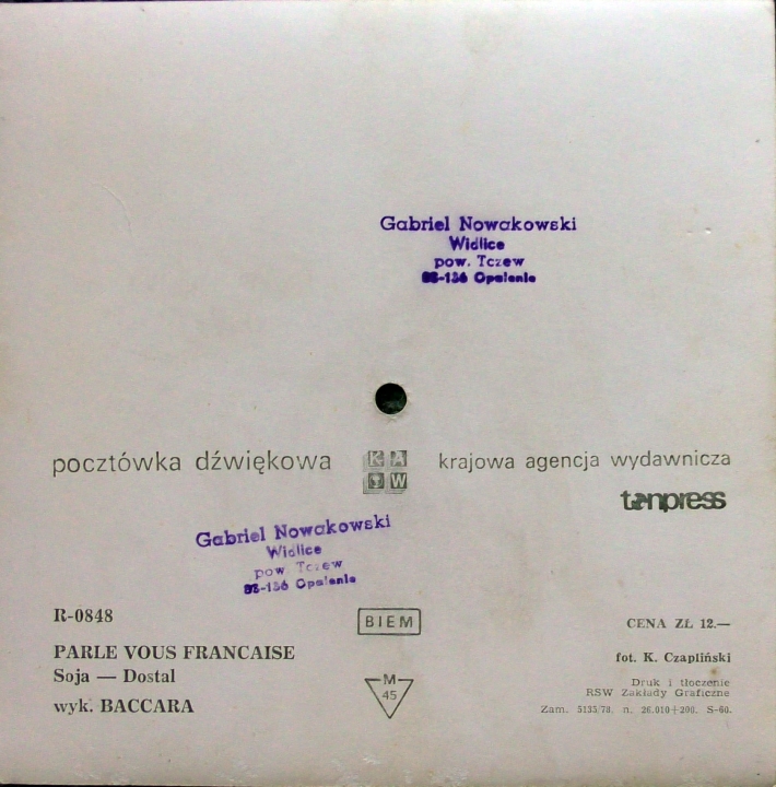 Baccara ‎– Parle Vous Francaise Tonpress ‎– R-0848 Flexi-disc, 7", 45 RPM, Single Sided, Card Backed, Picture Disc, Mono