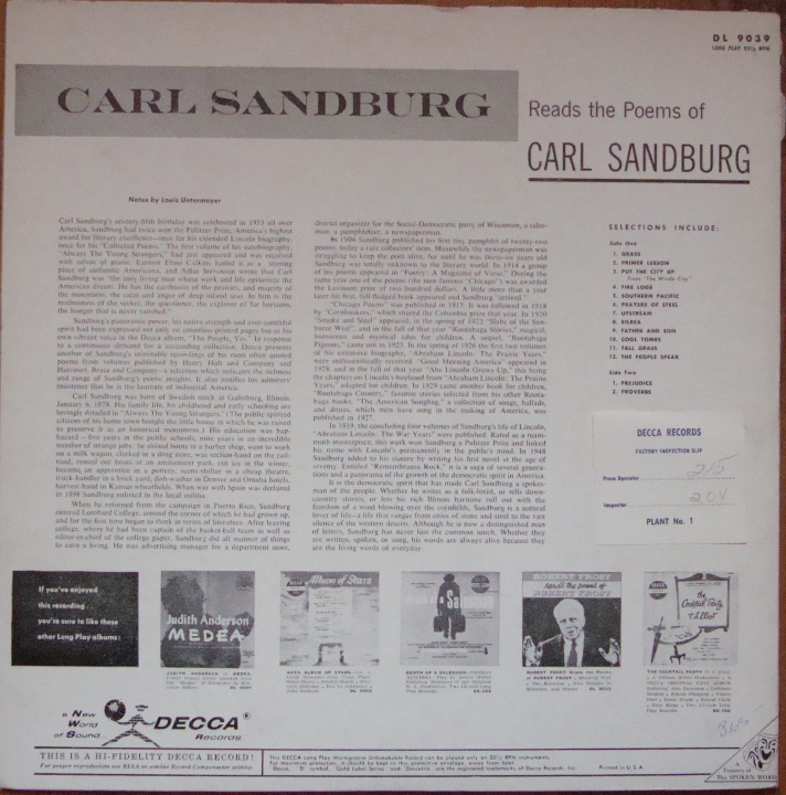 Carl Sandburg ‎– Carl Sandburg Reads The Poems Of Carl Sandburg Decca ‎– DL 9039 Poezja