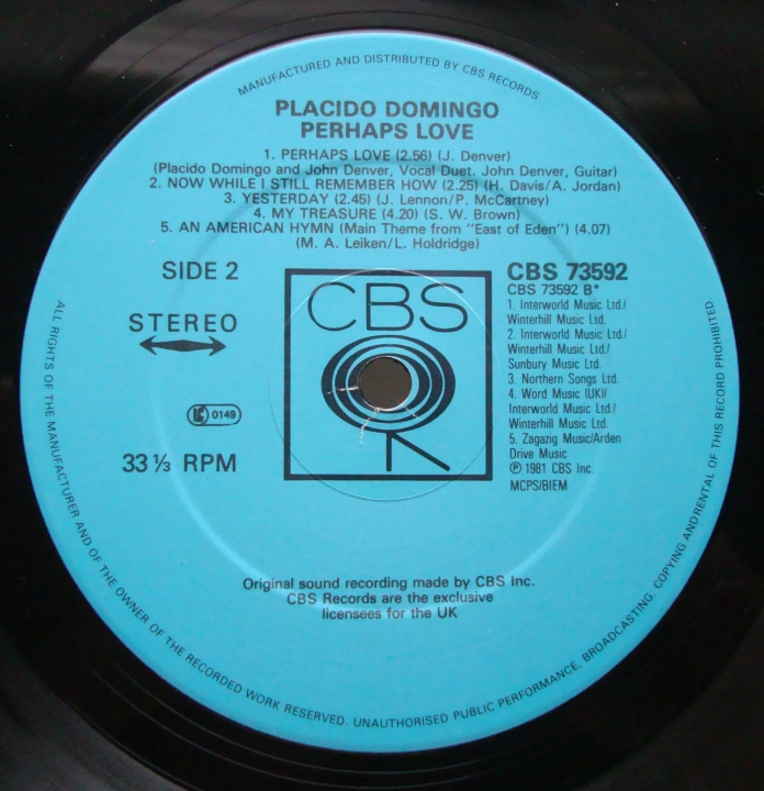 Placido Domingo With John Denver ‎– Perhaps Love 73592 Ballad,Pop