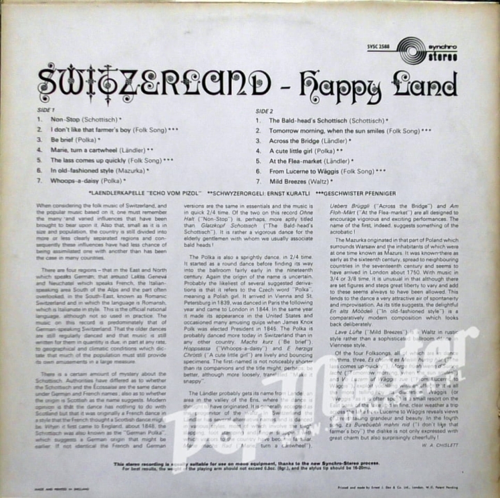 Switzerland Happy Land Landler Kapelle "Echo Vom Pizol" Schweyzerorgell Ernst Kuratli Geschwister Pfenninger SVS 2588 jodeln volksmusik heimatmelodie