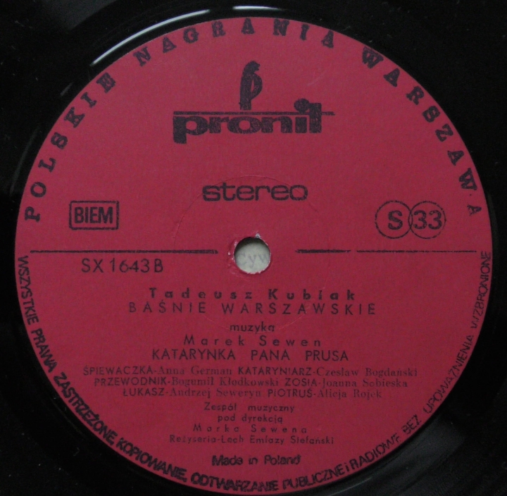 Tadeusz Kubiak, Marek Sewen ‎– Baśnie Warszawskie SX 1643 Stage & Screen Sklep z Winylami