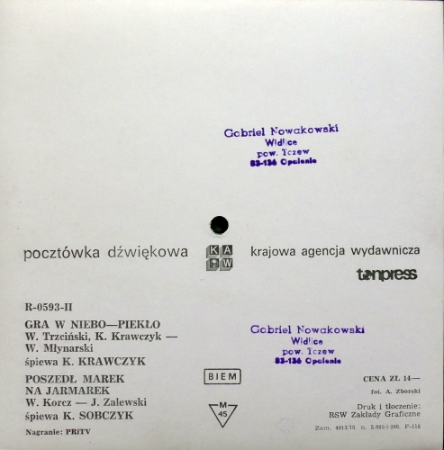 K. Krawczyk / K. Sobczyk ‎– Gra W Niebo-Piekło / Poszedł Marek Na Jarmarek Tonpress ‎– R-0593-II Flexi-disc, 7", 45 RPM, Single Sided, Card Backed, Picture Disc, Mono 