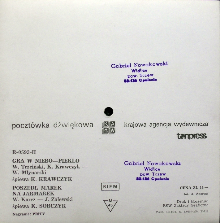 K. Krawczyk / K. Sobczyk ‎– Gra W Niebo-Piekło / Poszedł Marek Na Jarmarek Tonpress ‎– R-0593-II Flexi-disc, 7", 45 RPM, Single Sided, Card Backed, Picture Disc, Mono 