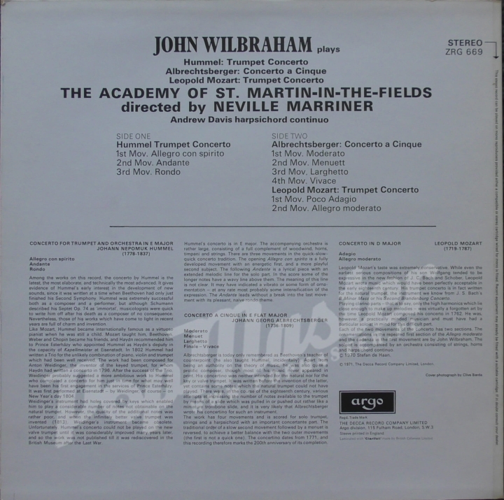 John Wilbraham Hummel, Albrechtsberger, Leopold Mozart Academy Of St. Martin-In-The-Fields Director Necille Marriner Argo ZRG 669