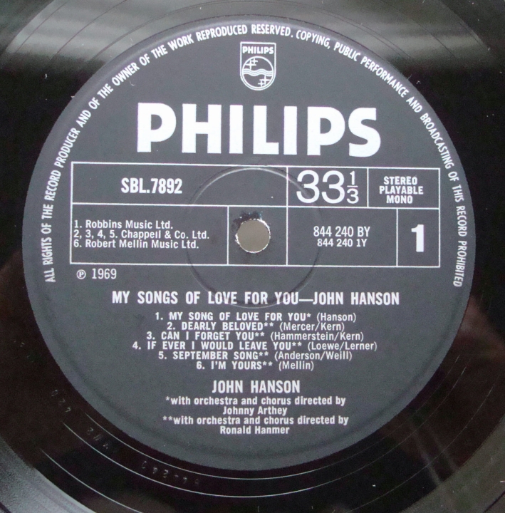 John Hanson - My Songs Of Love For You SBL.7892 Easy Listening