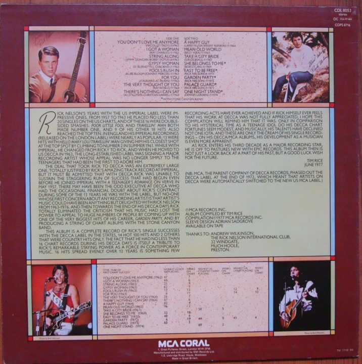 Rick Nelson ‎– Singles Album 1963 - 1976 CDL 8053 Rock & Roll,Folk 