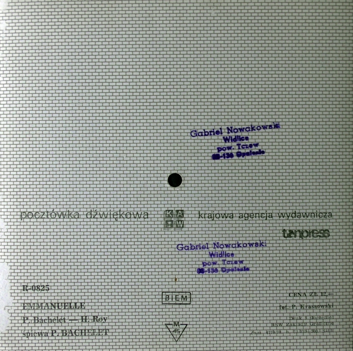 Pierre Bachelet ‎– Emmanuelle Tonpress ‎– R-0825 Flexi-disc, 7", 45 RPM, Single Sided, Card Backed, Limited Edition, Picture Disc 