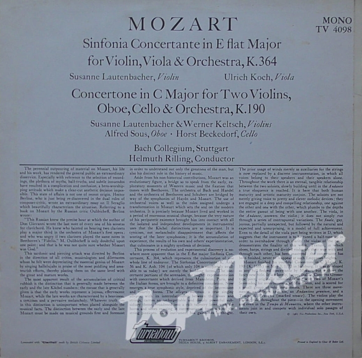 Mozart Sinfonia Concertante, K.364, Concertone In C, K.190 TV 4098 Classical Music On Vinyl