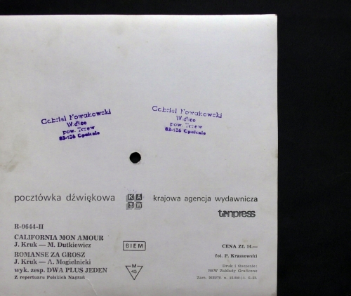 Dwa Plus Jeden ‎– California Mon Amour, Romanse Za Grosz	Tonpress ‎– R-0644-II Flexi-disc, 7", 45 RPM, Single Sided, Card Backed, Picture Disc, Mono