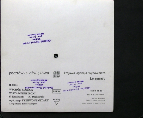Czerwone Gitary ‎– Wschód Słońca W Stadninie Koni Tonpress ‎– R-0864 Flexi-disc, 7", 45 RPM, Single Sided, Card Backed, Picture Disc, Mono 