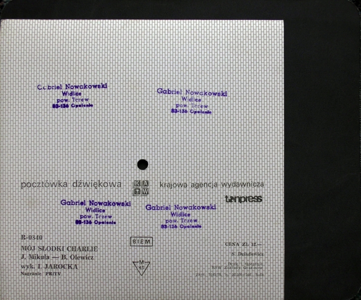 Irena Jarocka ‎– Mój Słodki Charlie  Tonpress ‎– R-0840 Flexi-disc, 7", 45 RPM, Single Sided, Card Backed, Limited Edition, Picture Disc 