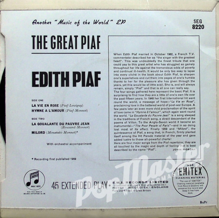 Edith Piaf The Great Piaf Mono EP Columbia Records SEG 8220