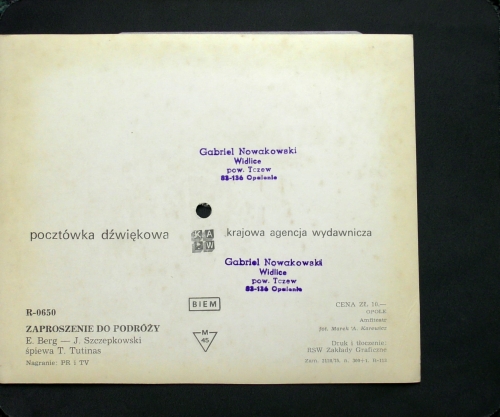Teresa Tutinas ‎– Zaproszenie Do Podróży  Krajowa Agencja Wydawnicza ‎– R-0650  Flexi-disc, 7", 45 RPM, Single Sided, Card Backed, Limited Edition, Picture Disc 