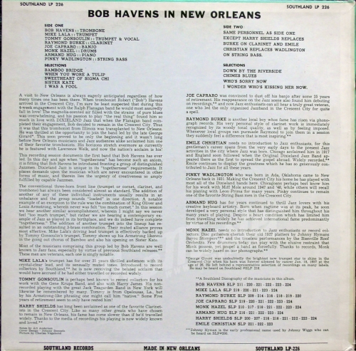Bob Havens In New Orleans Southland LP 226 Vinyl-Schallplatten Jazz Dixieland