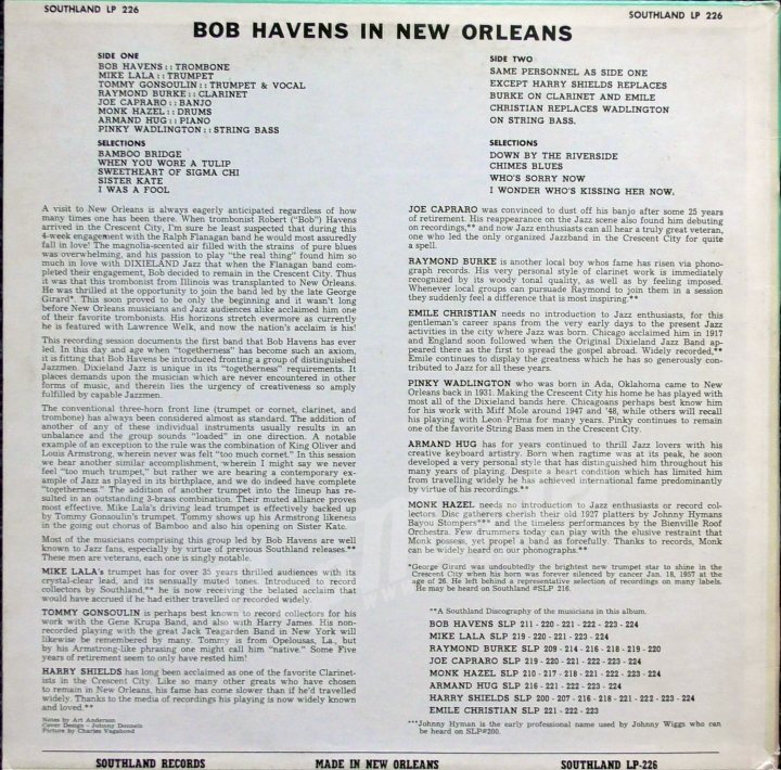 Bob Havens In New Orleans Southland LP 226 Vinyl-Schallplatten Jazz Dixieland
