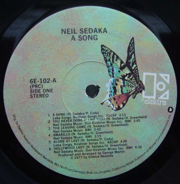 Neil Sedaka ‎– A Song    Elektra ‎ 6E-102