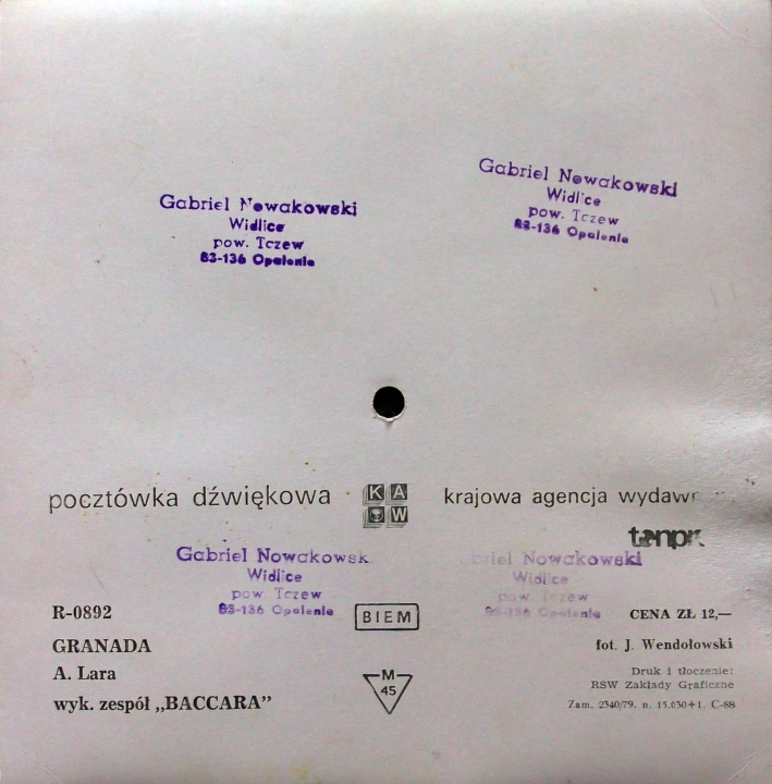 Baccara ‎– Granada  Tonpress ‎– R-0892 Flexi-disc, 7", 45 RPM, Single Sided, Card Backed, Picture Disc, Mono