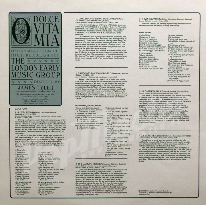 O Dolce Vita Mia Italian Music From The High Renaissance The London Early Music Group Directed By James Tyler D-79029 Vinyl-Schallplatten Klassische Musik