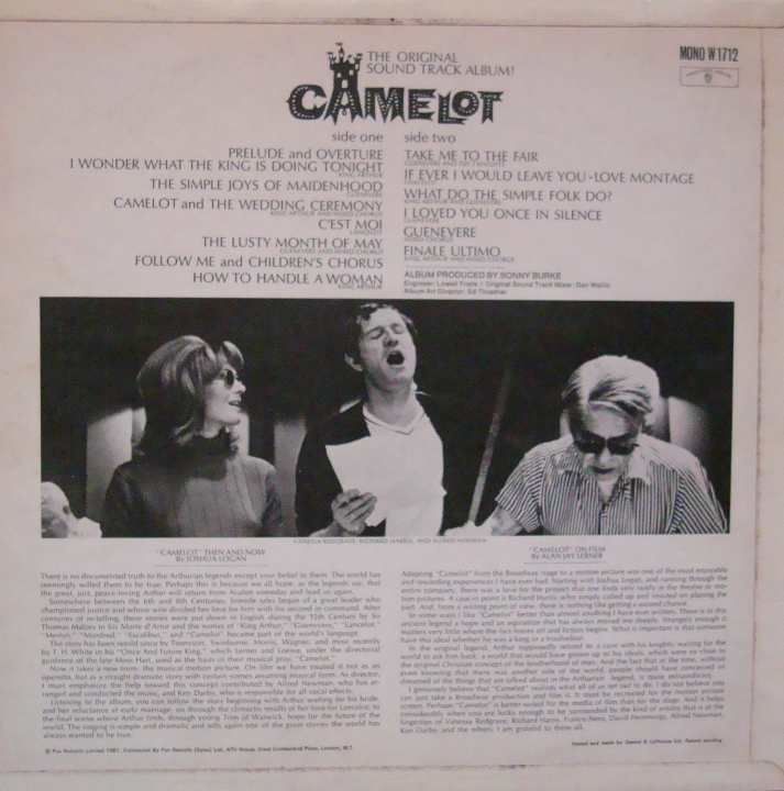 Alan Jay Lerner, Frederick Loewe ‎– Camelot Original Motion Picture Sound Track W 1712 Mono Vinyl