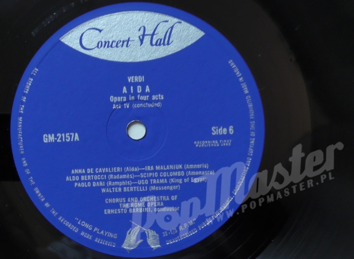 Aida Opera In Four Acts By Giuseppe Verdi Cavalieri, Colombo, Malaniuk Bertocci Chorus And Orchestra Of The Roma Opera Ernesto Barbini, Conductor GM 2157 Opera Classical Music Vinyl Records