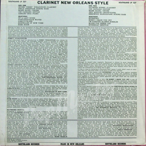Ray Burke Pinky Vidacovich Clarinet New Orleans Style SOUTHLAND LP 227 Vinyl-Schallplatten Jazz