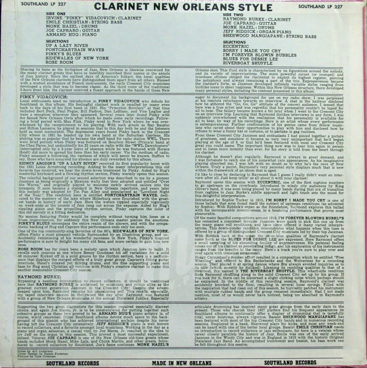 Ray Burke Pinky Vidacovich Clarinet New Orleans Style SOUTHLAND LP 227 Vinyl-Schallplatten Jazz
