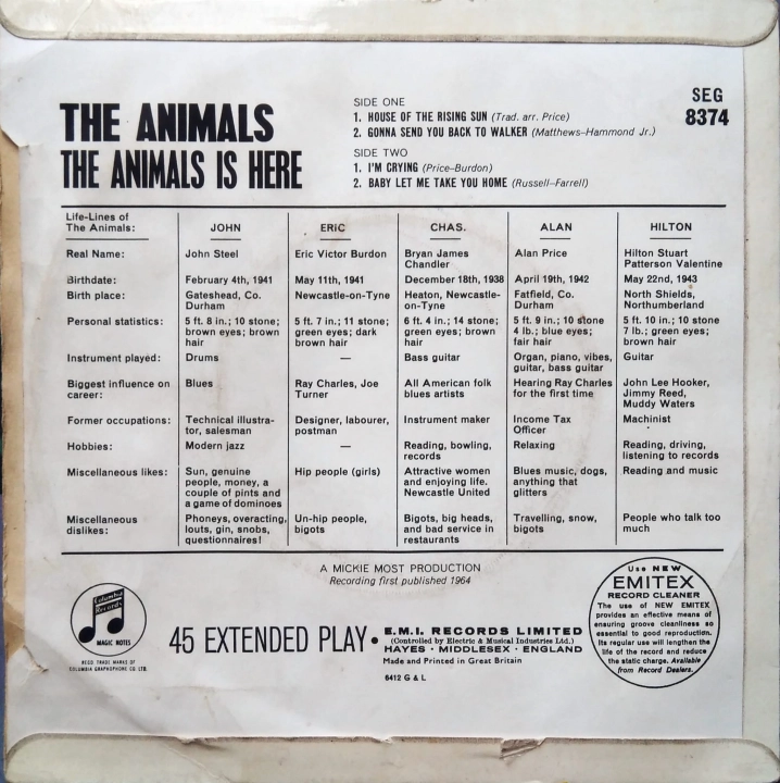 The Animals ‎– The Animals Is Here Columbia ‎– SEG 8374 Vinyl, 7", EP, Mono