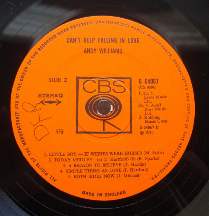 Andy Williams ‎– Can't Help Falling In Love CBS 64067 A1 / B1 Easy Listening 