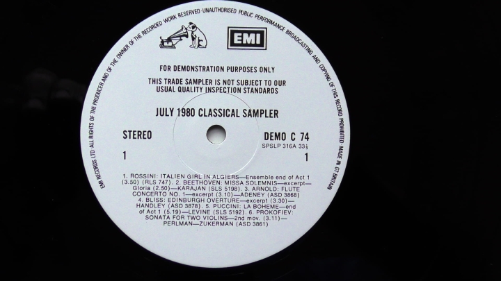 Various – July 1980 Classical Sampler His Master's Voice – DEMO C 74 LP, Promo