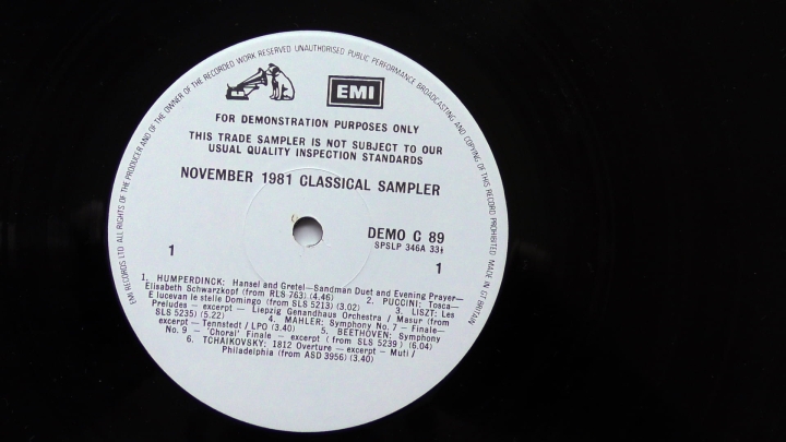 Various – November 1981 Classical Sampler His Master's Voice – DEMO C 89 LP, Promo