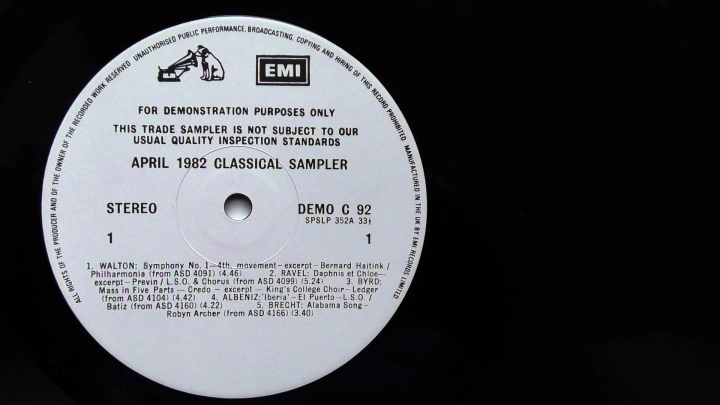 Various – April 1982 Classical Sampler His Master's Voice – DEMO C 92 LP, Promo