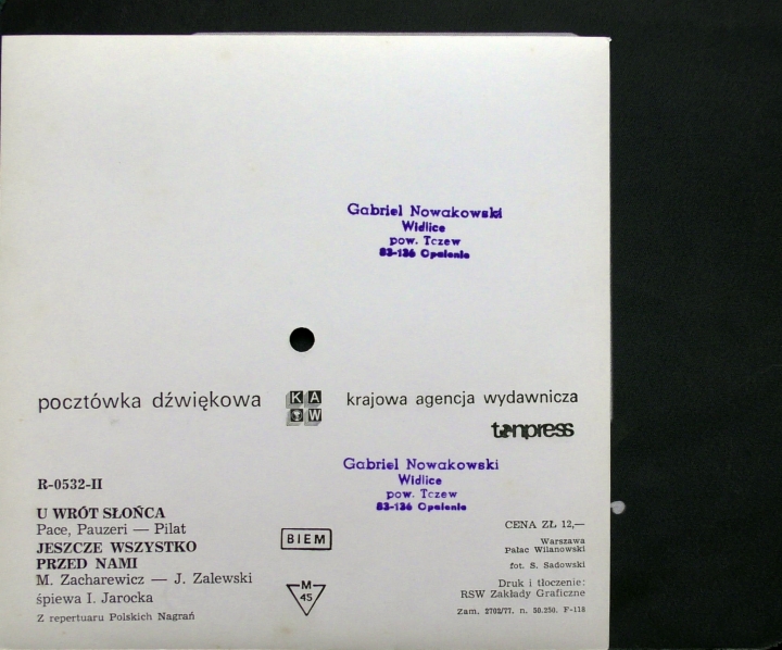 I. Jarocka ‎– U Wrót Słońca, Jeszcze Wszystko Przed Nami   Tonpress ‎– R-0532-II   Flexi-disc, 7", 45 RPM, Single Sided, Card Backed, Limited Edition, Picture Disc, Mono