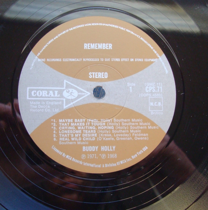 Buddy Holly ‎– Remember CPS 71 Vinyl