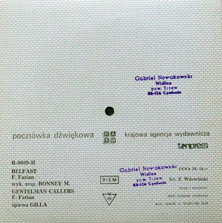 Bonney M. / Gilla ‎– Belfast / Gentelman Callers Tonpress ‎– R-0609-II