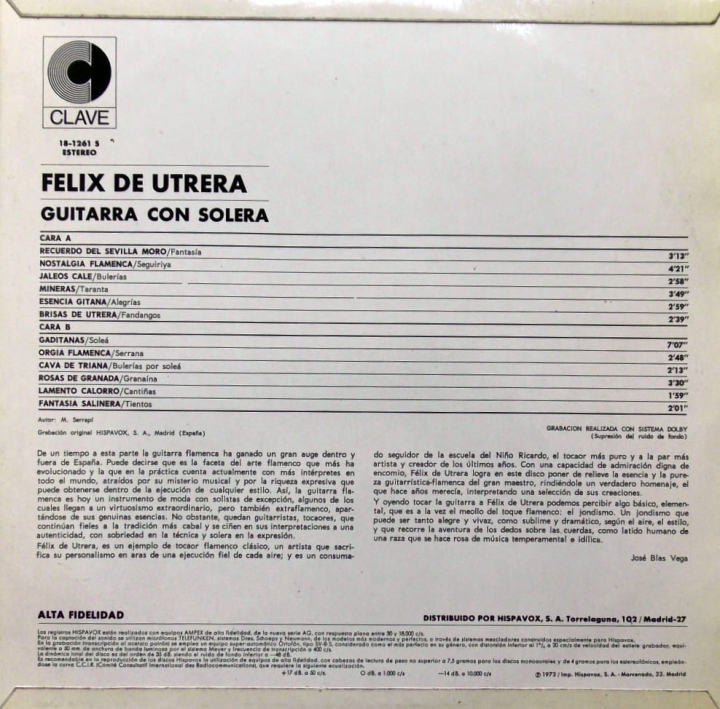 Félix De Utrera ‎– Guitarra Con Solera Clave Records ‎– 18 - 1261 S