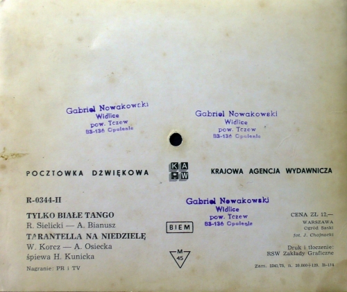 H. Kunicka ‎– Tylko Białe Tango / Tarantella Na Niedzielę Krajowa Agencja Wydawnicza ‎– R-0344-II Flexi-disc, 6", 45 RPM, Single Sided, Card Backed, Picture Disc, Mono