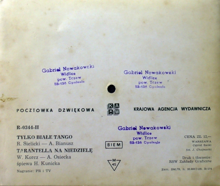 H. Kunicka ‎– Tylko Białe Tango / Tarantella Na Niedzielę Krajowa Agencja Wydawnicza ‎– R-0344-II Flexi-disc, 6", 45 RPM, Single Sided, Card Backed, Picture Disc, Mono