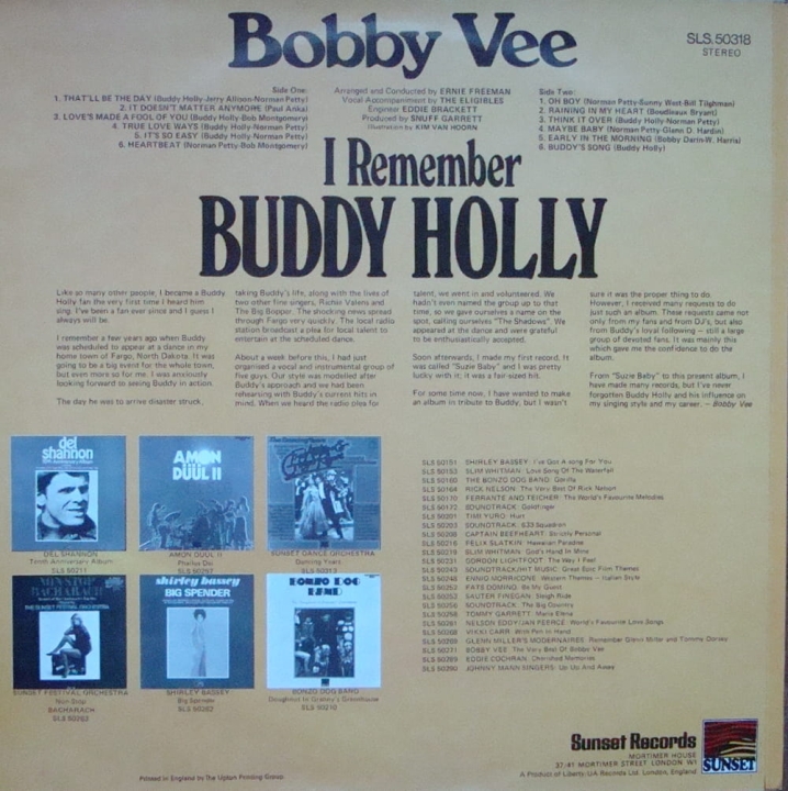 Bobby Vee ‎– I Remember Buddy Holly SLS 50318 Vinyl