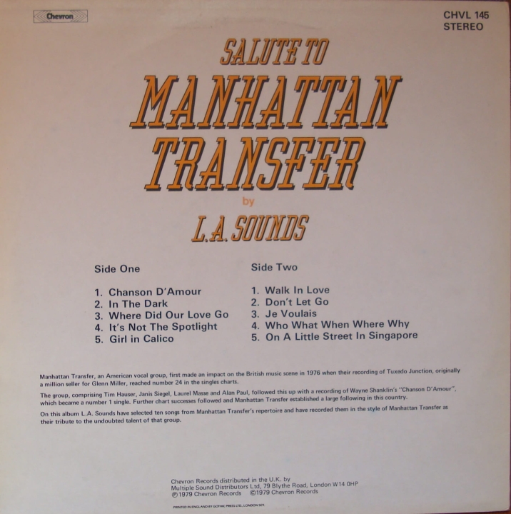 Salute To Manhattan Transfer L.A. Sounds  Salute To Manhattan Transfer  CHVL 145   Pop   Winyle