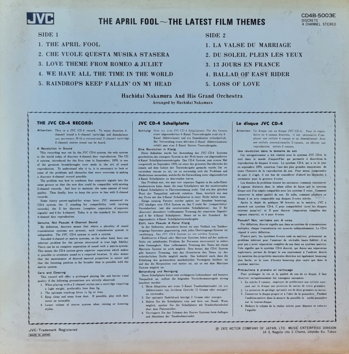 Hachidai Nakamura Grand Orchestra ‎– 幸せなパリで = The April Fool - The Latest Film Themes JVC ‎– CD4B-5003E Quadraphonic