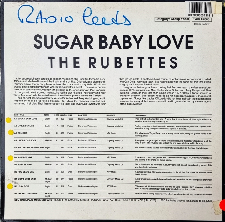 The Rubettes – Sugar Baby Love BBC Radioplay Music – TAIR 87063